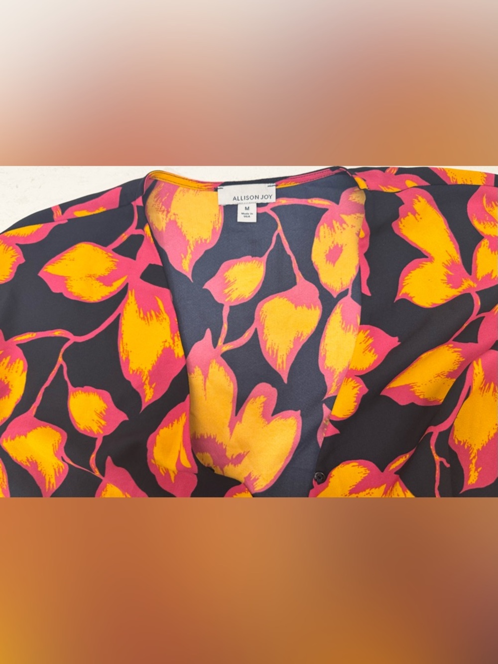 🏵️ Allison Joy Floral Wrap Top, Navy Pink & Orange V-Neck Tie Blouse, size M - Picture 7 of 10
